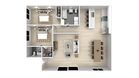 a 3d rendering of a bedroom and bathroom floor plan at BLVD Apartments LLC, Tarzana California